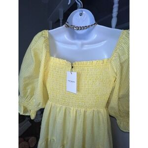 FEW MODA Yellow Gingham Smocked Square Neck Midi Dress Puff Sleeve Size M